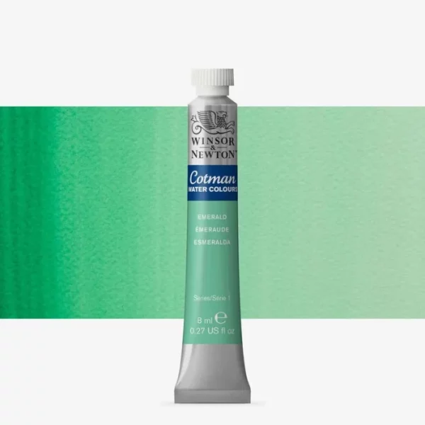 A single Emerald Winsor and Newton Cotman Watercolour 8ml Tube is shown vertically in the center of the frame. The tube is silver and the Winsor and Newton logo is printed at the top of the tube. There is a blue band below the logo and the words 'Cotman Watercolour' are printed on the blue band in white. Then there is a large colour band around the base of the tube that denotes the colour of the paint. The tube colour and paint properties are indicated on this colour band in black text. The tube has a white, plastic screw on cap. There is a rectangular colour swatch behind the tube that shows how the colour works on a gradient scale. The entire image is center of the frame and on a white background.