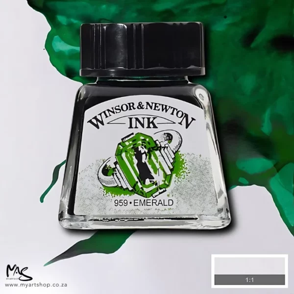 A single bottle of Emerald Winsor & Newton Drawing Ink can be seen in the center of the frame, with ink in the background, in the top right hand corner of the frame, flowing into the frame. The ink is the colour of the ink inside the bottle. The bottle is a clear glass bottle and so you can see the colour of the ink inside. There is a black, plastic screw on lid and a label stuck to the front of the bottle with the brand name and logo on it. There is a small rectangular colour block with a sample of the ink colour in a 1:1 ratio, in the bottom right hand corner of the frame.