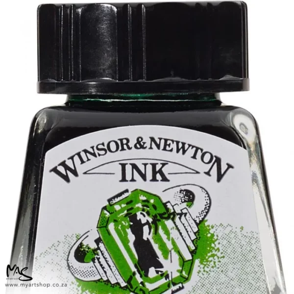 A close up of a single bottle of Emerald Winsor & Newton Drawing Ink. The bottom of the bottle is cut off by the frame. The bottle is clear glass so you can see the colour of the ink inside, with a black screw on plastic lid. There is a label on the front of the bottle with the brand logo.