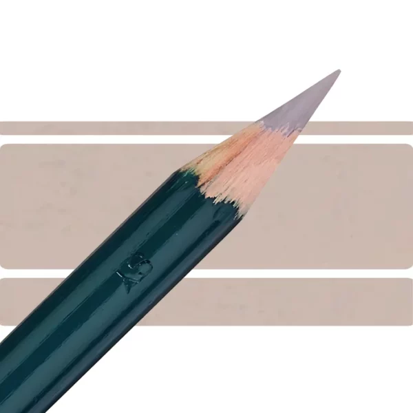 a derwent artists coloured pencil is seen in a close up ciming in from the left habd corner of the image. the tip is facing the right hand side top of the image. in a horizontal line. it has a green hamdle and a wooden end with the coloured tip. there are three horizontal stripes behind it that are the same colour as the nib of the pencil. on a white background