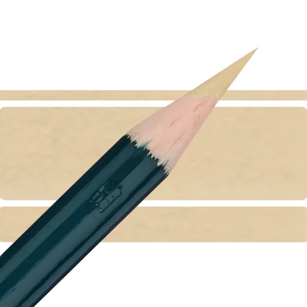 a derwent artists coloured pencil is seen in a close up ciming in from the left habd corner of the image. the tip is facing the right hand side top of the image. in a horizontal line. it has a green hamdle and a wooden end with the coloured tip. there are three horizontal stripes behind it that are the same colour as the nib of the pencil. on a white background