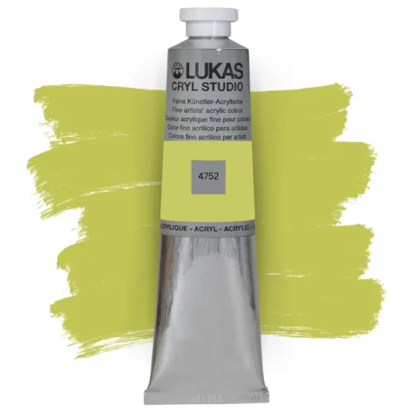 A single tube of Fern Lukas Cryl STUDIO Acrylics 75ml is shown in the center of the frame, standing vertically. The tube is silver and has a colour band around the body of the tube that denotes the colour of the paint inside. The Lukas name and logo is printed at the top of the tube and there is black text below the logo that describes the paint. The tube has a white plastic, screw on lid. There is a paint swatch in the background that indicates the colour of the paint inside the tube. The image is center of the frame and on a white background.