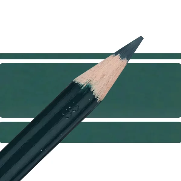 a derwent artists coloured pencil is seen in a close up ciming in from the left habd corner of the image. the tip is facing the right hand side top of the image. in a horizontal line. it has a green hamdle and a wooden end with the coloured tip. there are three horizontal stripes behind it that are the same colour as the nib of the pencil. on a white background