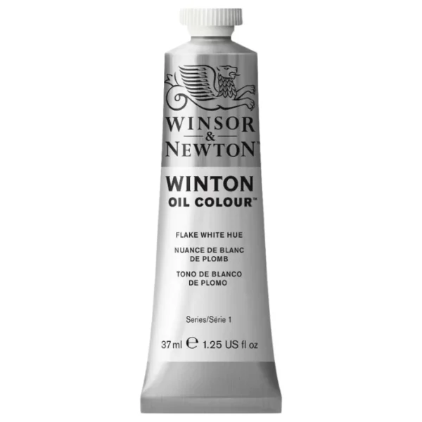 A single tube of Flake White Hue Winsor and Newton Winton Oil Paint 37ml is shown in the center of the frame, standing vertically. The tube is a silver colour and has a white screw on, plastic lid. The Winsor and Newton logo is printed at the top of the tube and there is a white band across the tube, under the logo, with the words, 'Winton Oil Colour'. There is a band of colour below that which denotes the colour of the paint in the tube. There is text on this colour band, describing the colour and paint properties. The image is center of the frame and on a white background.