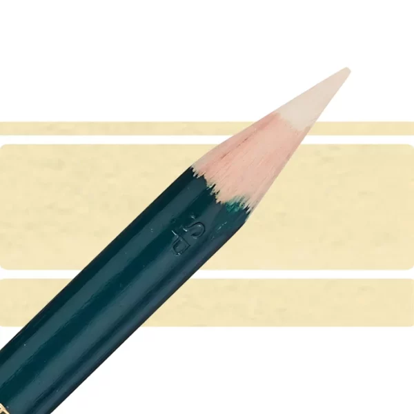 a derwent artists coloured pencil is seen in a close up ciming in from the left habd corner of the image. the tip is facing the right hand side top of the image. in a horizontal line. it has a green hamdle and a wooden end with the coloured tip. there are three horizontal stripes behind it that are the same colour as the nib of the pencil. on a white background