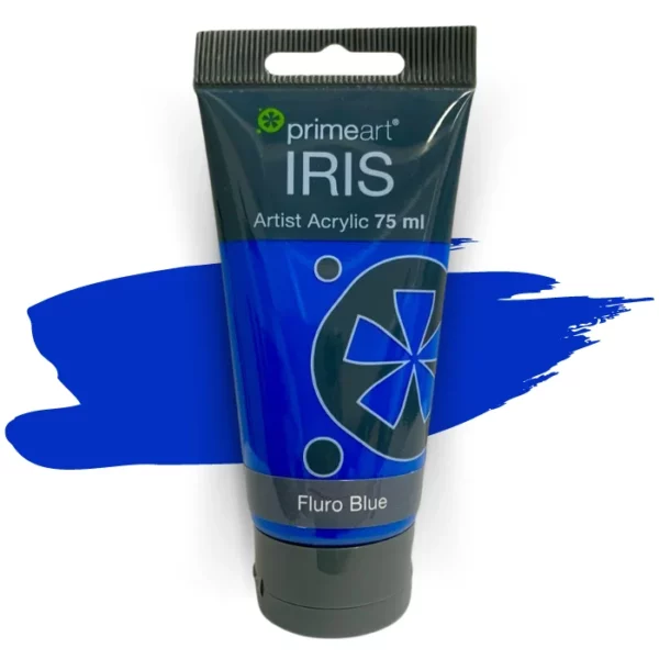 A single tube of Fluro Blue Prime Art Iris Acrylic Paint 75ml is shown in the frame. The tube is a clear plastic with a black printed band at the top of each tube that has the Prime Art Iris Logo printed on it. The tube has a black flip cap that the tube stands on. You can see the colour of the paint through the tube. On a white background.