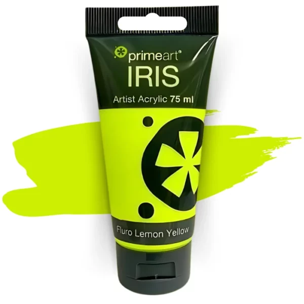 A single tube of Fluro Lemon Prime Art Iris Acrylic Paint 75ml is shown in the frame. The tube is a clear plastic with a black printed band at the top of each tube that has the Prime Art Iris Logo printed on it. The tube has a black flip cap that the tube stands on. You can see the colour of the paint through the tube. On a white background.