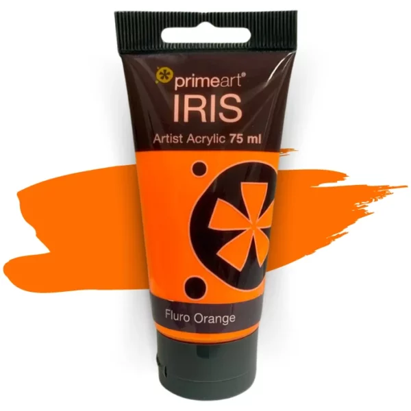 A single tube of Fluro Orange Prime Art Iris Acrylic Paint 75ml is shown in the frame. The tube is a clear plastic with a black printed band at the top of each tube that has the Prime Art Iris Logo printed on it. The tube has a black flip cap that the tube stands on. You can see the colour of the paint through the tube. On a white background.