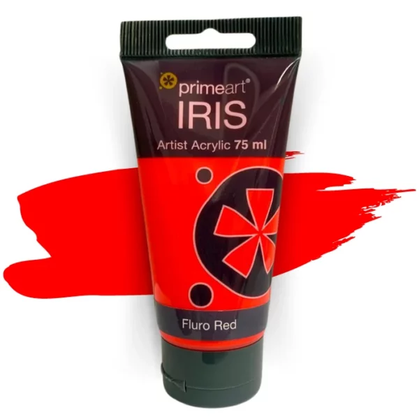 A single tube of Fluro Red Prime Art Iris Acrylic Paint 75ml is shown in the frame. The tube is a clear plastic with a black printed band at the top of each tube that has the Prime Art Iris Logo printed on it. The tube has a black flip cap that the tube stands on. You can see the colour of the paint through the tube. On a white background.