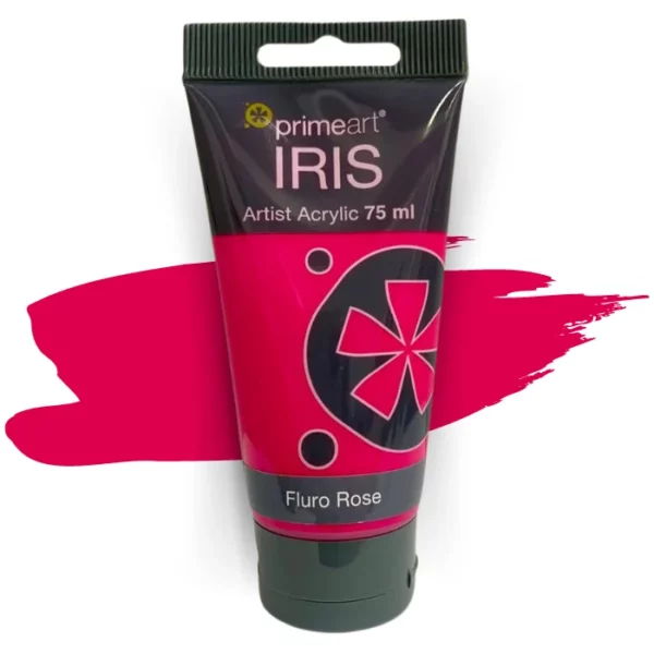 A single tube of Fluro Rose Prime Art Iris Acrylic Paint 75ml is shown in the frame. The tube is a clear plastic with a black printed band at the top of each tube that has the Prime Art Iris Logo printed on it. The tube has a black flip cap that the tube stands on. You can see the colour of the paint through the tube. On a white background.