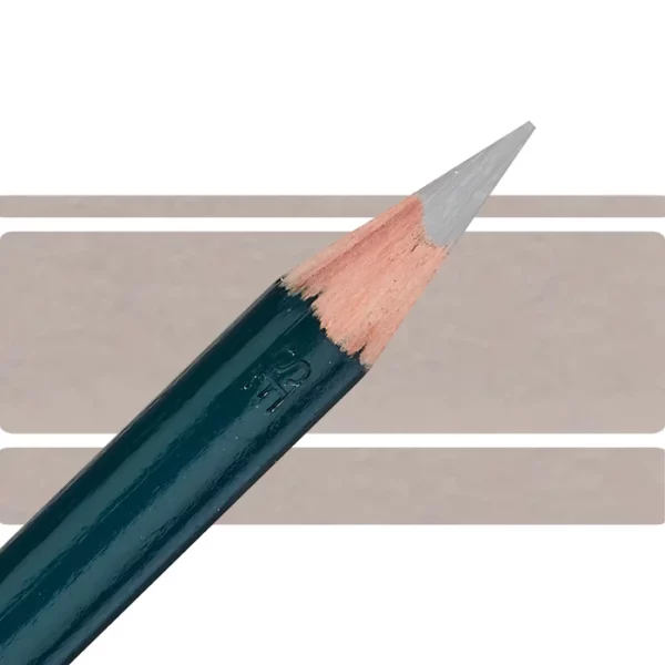 a derwent artists coloured pencil is seen in a close up ciming in from the left habd corner of the image. the tip is facing the right hand side top of the image. in a horizontal line. it has a green hamdle and a wooden end with the coloured tip. there are three horizontal stripes behind it that are the same colour as the nib of the pencil. on a white background