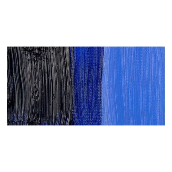 A rectangular colour swatch of French Ultramarine Winsor and Newton Winton Oil Paint is shown across the center of the frame. The colour swatch shows the tube colour in three gradients from left to right. On a white background.