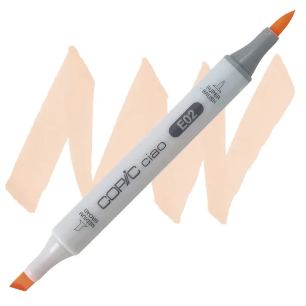 in the center of the image is a single copic marker that is sitting diagonally across the image. from left to right. it has a grey body and both caps are off showing the two different nibs, one brush at the top and the chisel tip at the bottom. it is sitting infront of a squiggle of the same colour as the marker on a white background