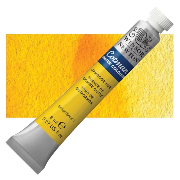 A single Gamboge Hue Winsor and Newton Cotman Watercolour 8ml Tube is shown diagonally across the frame. The back of the tube is facing the bottom left hand corner of the frame and the lid of the tube is facing the top, right hand corner of the frame. The tube is silver and the Winsor and Newton logo is printed at the top of the tube. There is a blue band below the logo and the words 'Cotman Watercolour' are printed on the blue band in white. Then there is a large colour band around the base of the tube that denotes the colour of the paint. The tube colour and paint properties are indicated on this colour band in black text. The tube has a white, plastic screw on cap. There is a rectangular colour swatch behind the tube that shows how the colour works on a gradient scale. The entire image is center of the frame and on a white background.