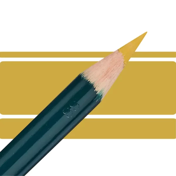 a derwent artists coloured pencil is seen in a close up ciming in from the left habd corner of the image. the tip is facing the right hand side top of the image. in a horizontal line. it has a green hamdle and a wooden end with the coloured tip. there are three horizontal stripes behind it that are the same colour as the nib of the pencil. on a white background