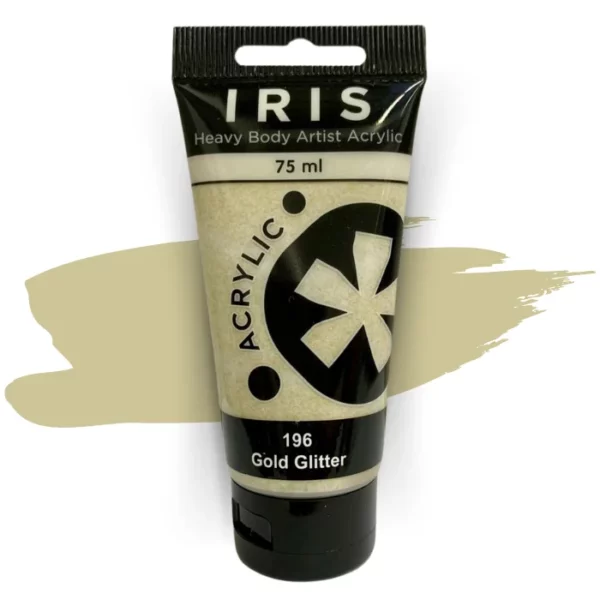 A single tube of Gold Glitter Prime Art Iris Acrylic Paint 75ml is shown in the frame. The tube is a clear plastic with a black printed band at the top of each tube that has the Prime Art Iris Logo printed on it. The tube has a black flip cap that the tube stands on. You can see the colour of the paint through the tube. On a white background.