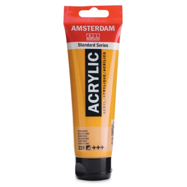 A single tube of Gold Ochre Amsterdam Acrylic Paint 120ml is standing vertically in the center of the frame. The tube is made of a clear plastic and has a red band at the end of the tube with a hole so it can hang. The tube has a black, plastic flip top cap, that the bottle stands on. There is black text on the body of the tube describing the product colour and details. The colour of the paint can be seen through the tube. On a white background.