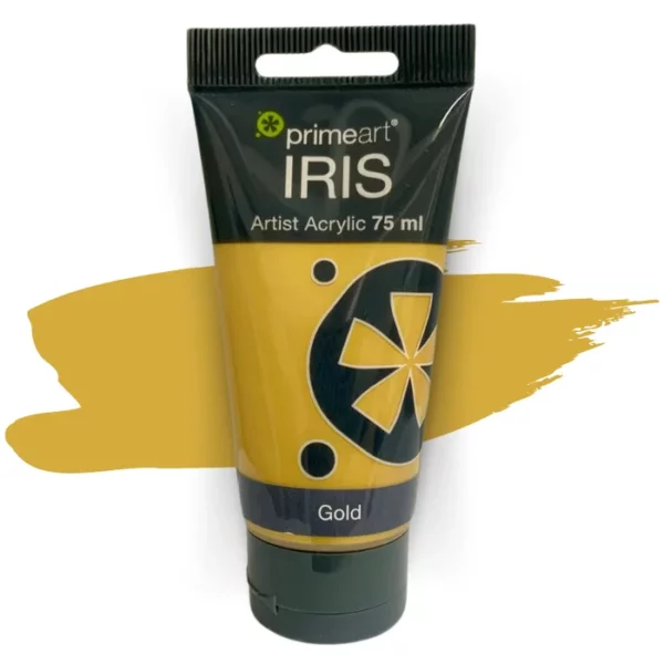 A single tube of Gold Prime Art Iris Acrylic Paint 75ml is shown in the frame. The tube is a clear plastic with a black printed band at the top of each tube that has the Prime Art Iris Logo printed on it. The tube has a black flip cap that the tube stands on. You can see the colour of the paint through the tube. On a white background.