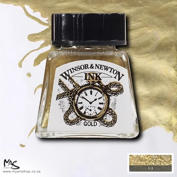 A single bottle of Gold Winsor & Newton Drawing Ink can be seen in the center of the frame, with ink in the background, in the top right hand corner of the frame, flowing into the frame. The ink is the colour of the ink inside the bottle. The bottle is a clear glass bottle and so you can see the colour of the ink inside. There is a black, plastic screw on lid and a label stuck to the front of the bottle with the brand name and logo on it. There is a small rectangular colour block with a sample of the ink colour in a 1:1 ratio, in the bottom right hand corner of the frame.