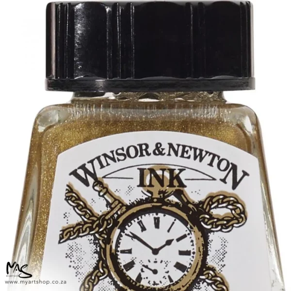 A close up of a single bottle of Gold Winsor & Newton Drawing Ink. The bottom of the bottle is cut off by the frame. The bottle is clear glass so you can see the colour of the ink inside, with a black screw on plastic lid. There is a label on the front of the bottle with the brand logo.