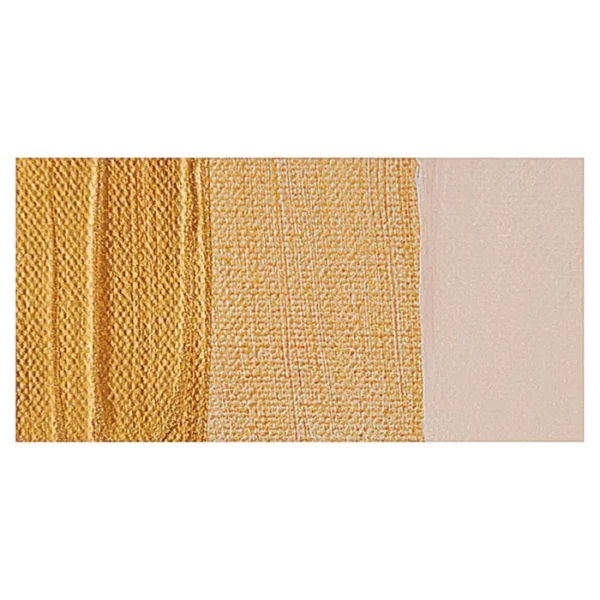 A rectangular colour swatch of Gold Winsor and Newton Galeria Acrylic Paint is shown across the center of the frame. The colour swatch shows the tube colour in three gradients from left to right. On a white background.