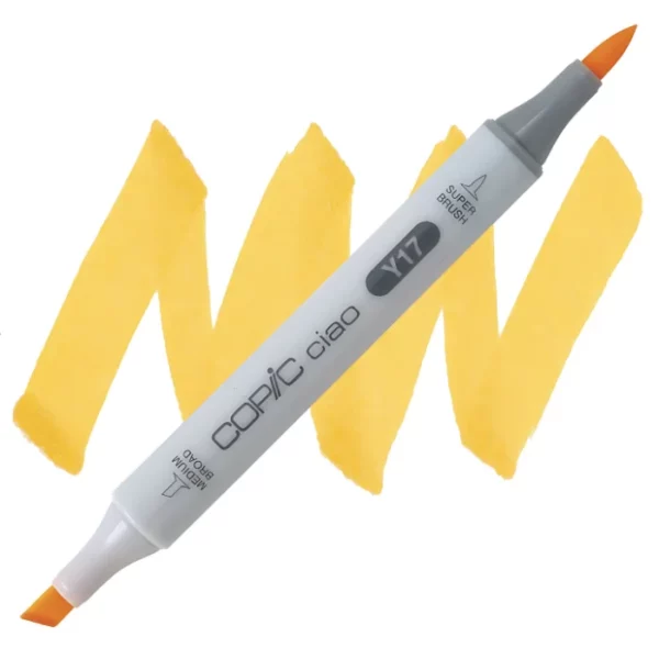 in the center of the image is a single copic marker that is sitting diagonally across the image. from left to right. it has a grey body and both caps are off showing the two different nibs, one brush at the top and the chisel tip at the bottom. it is sitting infront of a squiggle of the same colour as the marker on a white background