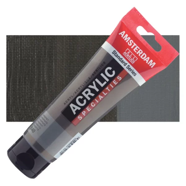 A single tube of Graphite Amsterdam Acrylic Paint 120ml is shown diagonally across the center of the frame. The tube is made of a clear plastic and has a red band at the end of the tube with a hole so it can hang. The tube has a black, plastic flip top cap, that the bottle stands on. There is black text on the body of the tube describing the product colour and details. The colour of the paint can be seen through the tube. There is a rectangular colour swatch of the paint, behind the tube. The swatch shows the colour in different gradient's. The image is center of the frame and on a white background.