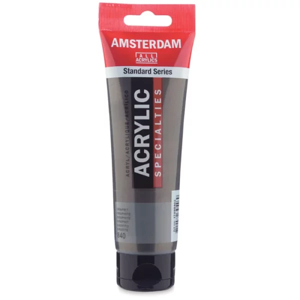 A single tube of Graphite Amsterdam Acrylic Paint 120ml is standing vertically in the center of the frame. The tube is made of a clear plastic and has a red band at the end of the tube with a hole so it can hang. The tube has a black, plastic flip top cap, that the bottle stands on. There is black text on the body of the tube describing the product colour and details. The colour of the paint can be seen through the tube. On a white background.