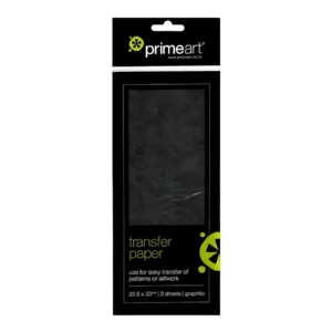 A single pack of Graphite Prime Art Transfer Paper is shown, standing vertically, in the center of the frame. The paper is in a plastic packet that is printed with black, but has a clear window, so you can see the colour of the transfer paper inside. The Prime Logo is printed at the top of the pack and there is text describing the product at the bottom of the pack. It is a hangable pack. The image is center of the frame and on a white background.