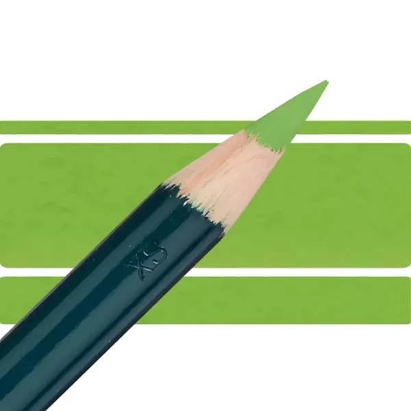 a derwent artists coloured pencil is seen in a close up ciming in from the left habd corner of the image. the tip is facing the right hand side top of the image. in a horizontal line. it has a green hamdle and a wooden end with the coloured tip. there are three horizontal stripes behind it that are the same colour as the nib of the pencil. on a white background