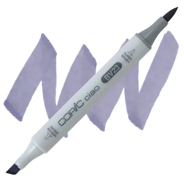 in the center of the image is a single copic marker that is sitting diagonally across the image. from left to right. it has a grey body and both caps are off showing the two different nibs, one brush at the top and the chisel tip at the bottom. it is sitting infront of a squiggle of the same colour as the marker on a white background