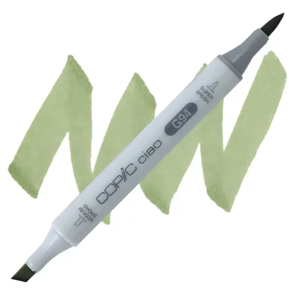 in the center of the image is a single copic marker that is sitting diagonally across the image. from left to right. it has a grey body and both caps are off showing the two different nibs, one brush at the top and the chisel tip at the bottom. it is sitting infront of a squiggle of the same colour as the marker on a white background