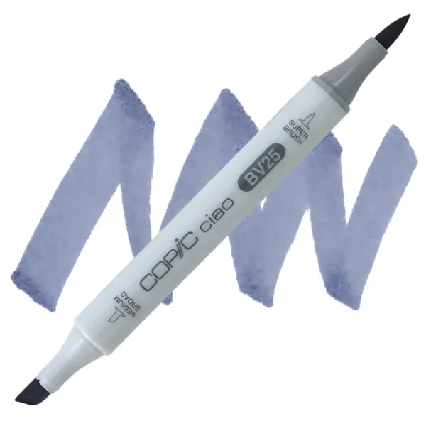 in the center of the image is a single copic marker that is sitting diagonally across the image. from left to right. it has a grey body and both caps are off showing the two different nibs, one brush at the top and the chisel tip at the bottom. it is sitting infront of a squiggle of the same colour as the marker on a white background