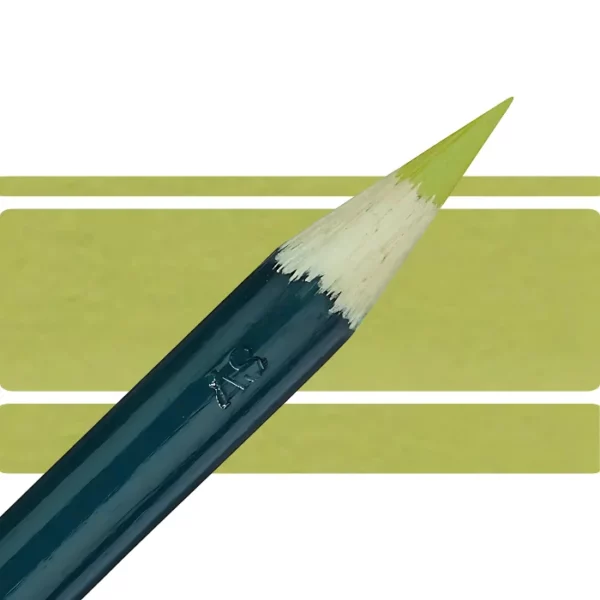 a derwent artists coloured pencil is seen in a close up ciming in from the left habd corner of the image. the tip is facing the right hand side top of the image. in a horizontal line. it has a green hamdle and a wooden end with the coloured tip. there are three horizontal stripes behind it that are the same colour as the nib of the pencil. on a white background