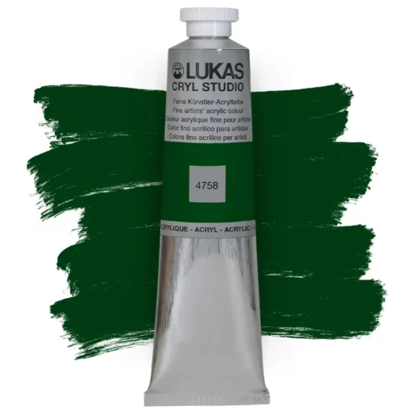 A single tube of Green Earth Lukas Cryl STUDIO Acrylics 75ml is shown in the center of the frame, standing vertically. The tube is silver and has a colour band around the body of the tube that denotes the colour of the paint inside. The Lukas name and logo is printed at the top of the tube and there is black text below the logo that describes the paint. The tube has a white plastic, screw on lid. There is a paint swatch in the background that indicates the colour of the paint inside the tube. The image is center of the frame and on a white background.