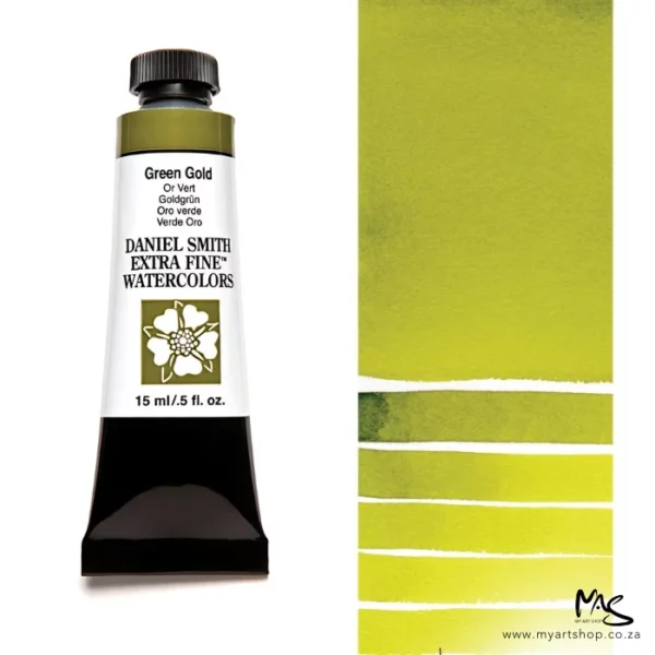 A tube of Green Gold S2 Daniel Smith Watercolour Paint is shown in the frame, to the left hand side of the frame vertically. The tube has a black plastic cap and a black base. The center of the tube is white and there is a colour band at the top of the tube, below the cap, that indicates the colour of the paint. There is black text on the front of the tube with the brand name and logo. To the right of the tube is a colour swatch which was made using the paint. In the colour swatch, you can see the paint undiluted and in a diluted form. The image is on a white background and is center of the frame.