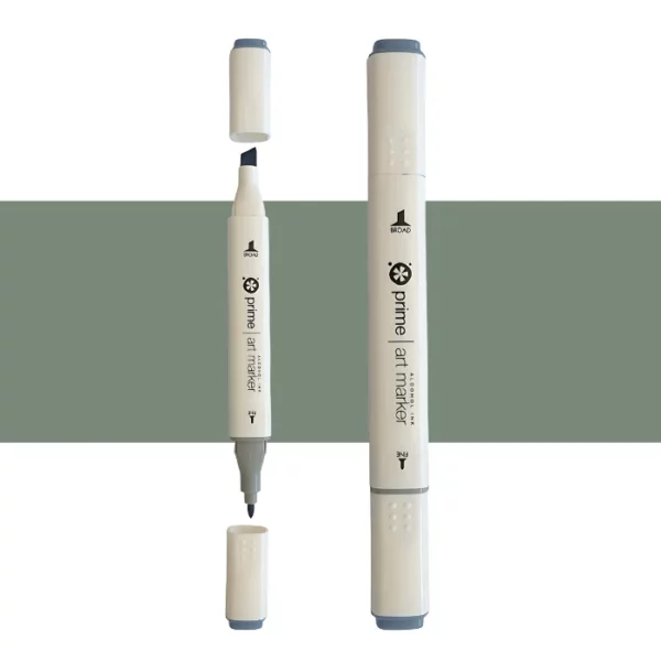 two prime art alcohol ink markers are standing upright in the center of the image. the one on the left has both caps off showing the two different types of nibs. the one on the right has both the caps on. they are cream coloured pens with black writing on them. they are sitting infront of a horizontal stripe of colour that shows what colour the marker is. on a white background