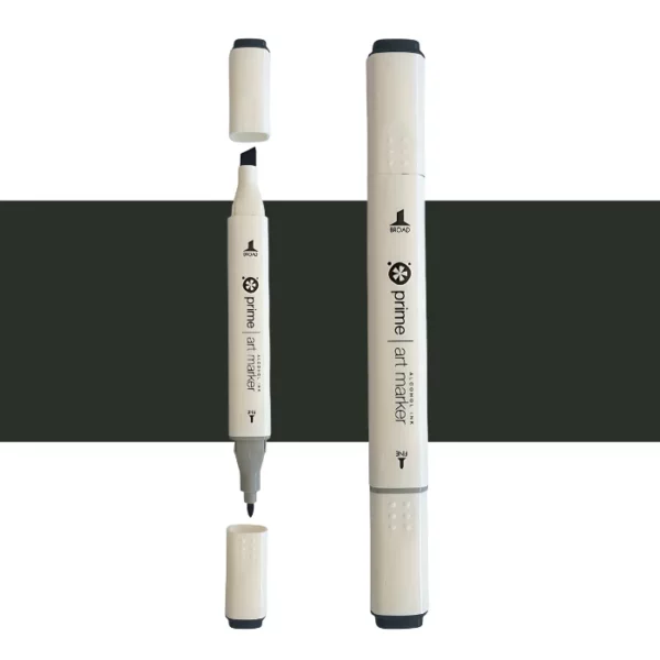 two prime art alcohol ink markers are standing upright in the center of the image. the one on the left has both caps off showing the two different types of nibs. the one on the right has both the caps on. they are cream coloured pens with black writing on them. they are sitting infront of a horizontal stripe of colour that shows what colour the marker is. on a white background