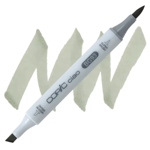 in the center of the image is a single copic marker that is sitting diagonally across the image. from left to right. it has a grey body and both caps are off showing the two different nibs, one brush at the top and the chisel tip at the bottom. it is sitting infront of a squiggle of the same colour as the marker on a white background