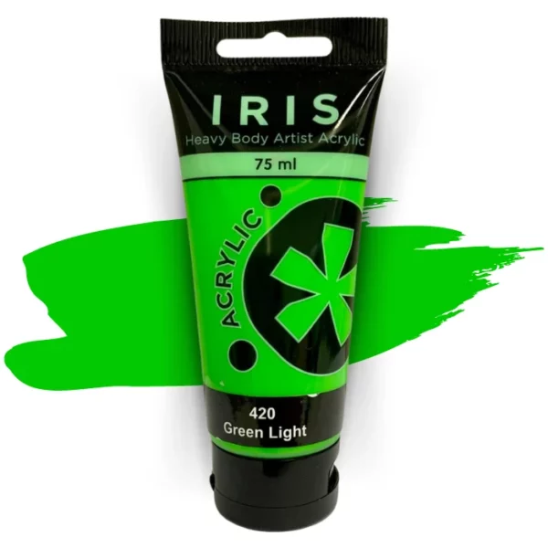 A single tube of Green Light Prime Art Iris Acrylic Paint 75ml is shown in the frame. The tube is a clear plastic with a black printed band at the top of each tube that has the Prime Art Iris Logo printed on it. The tube has a black flip cap that the tube stands on. You can see the colour of the paint through the tube. On a white background.