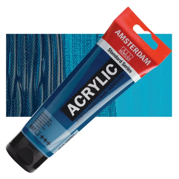 A single tube of Greenish Blue Amsterdam Acrylic Paint 120ml is shown diagonally across the center of the frame. The tube is made of a clear plastic and has a red band at the end of the tube with a hole so it can hang. The tube has a black, plastic flip top cap, that the bottle stands on. There is black text on the body of the tube describing the product colour and details. The colour of the paint can be seen through the tube. There is a rectangular colour swatch of the paint, behind the tube. The swatch shows the colour in different gradient's. The image is center of the frame and on a white background.