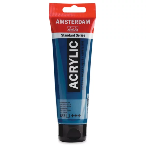 A single tube of Greenish Blue Amsterdam Acrylic Paint 120ml is standing vertically in the center of the frame. The tube is made of a clear plastic and has a red band at the end of the tube with a hole so it can hang. The tube has a black, plastic flip top cap, that the bottle stands on. There is black text on the body of the tube describing the product colour and details. The colour of the paint can be seen through the tube. On a white background.