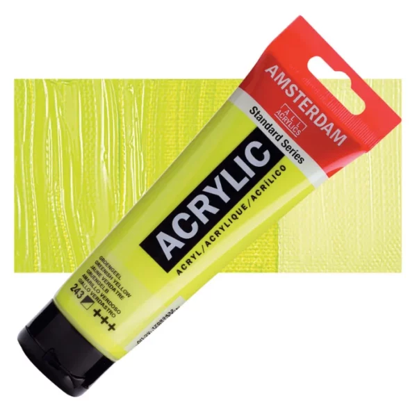 A single tube of Greenish Yellow Amsterdam Acrylic Paint 120ml is shown diagonally across the center of the frame. The tube is made of a clear plastic and has a red band at the end of the tube with a hole so it can hang. The tube has a black, plastic flip top cap, that the bottle stands on. There is black text on the body of the tube describing the product colour and details. The colour of the paint can be seen through the tube. There is a rectangular colour swatch of the paint, behind the tube. The swatch shows the colour in different gradient's. The image is center of the frame and on a white background.