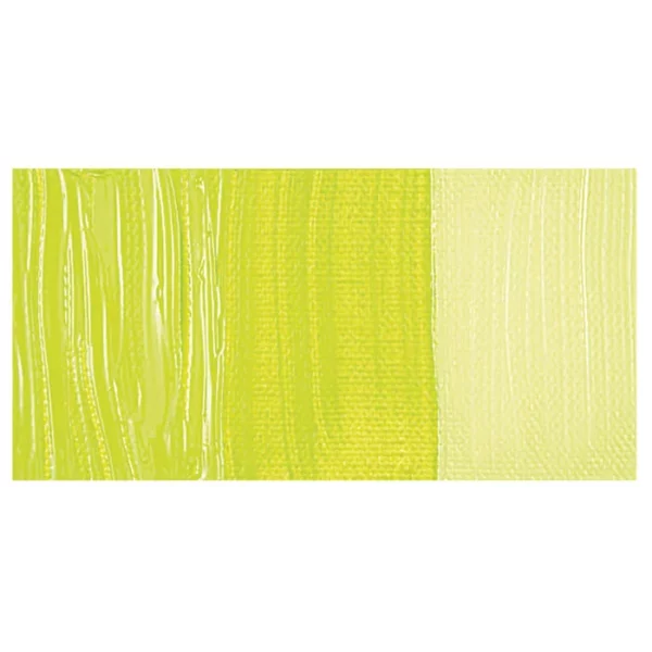 A colour swatch of a tube of Greenish Yellow Amsterdam Acrylic Paint. The swatch is on a horizontal rectangle across the center of the frame. The swatch shows the colour in different gradient's. On a white background.