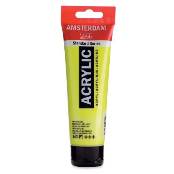 A single tube of Greenish Yellow Amsterdam Acrylic Paint 120ml is standing vertically in the center of the frame. The tube is made of a clear plastic and has a red band at the end of the tube with a hole so it can hang. The tube has a black, plastic flip top cap, that the bottle stands on. There is black text on the body of the tube describing the product colour and details. The colour of the paint can be seen through the tube. On a white background.