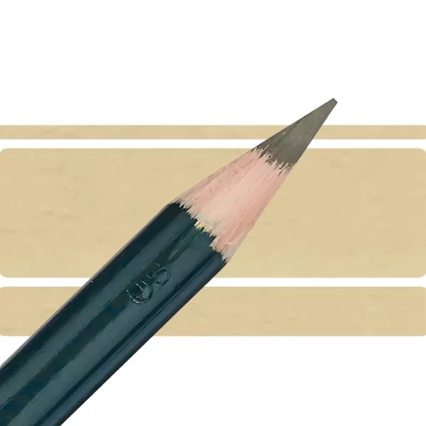 a derwent artists coloured pencil is seen in a close up ciming in from the left habd corner of the image. the tip is facing the right hand side top of the image. in a horizontal line. it has a green hamdle and a wooden end with the coloured tip. there are three horizontal stripes behind it that are the same colour as the nib of the pencil. on a white background