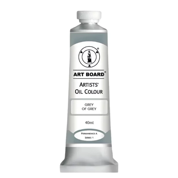 A tube of Grey of Grey Artboard Oil Paint 40ml is shown standing vertically in the center of the frame. The tube is silver and has a label around the body of the tube. Parts of the label are coloured, to denote the colour of the paint inside the tube. The artboard logo and name are printed at the top of the label and the colour and product details are printed below. The tube has a white plastic, screw on lid. On a white background.