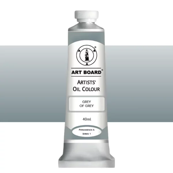 A tube of Grey of Grey Artboard Oil Paint 40ml is shown standing vertically in the center of the frame. The tube is silver and has a label around the body of the tube. Parts of the label are coloured, to denote the colour of the paint inside the tube. The artboard logo and name are printed at the top of the label and the colour and product details are printed below. The tube has a white plastic, screw on lid. A graded horizontal rectangle is seen in the background, this denotes the colour of the paint inside the tube. On a white background.