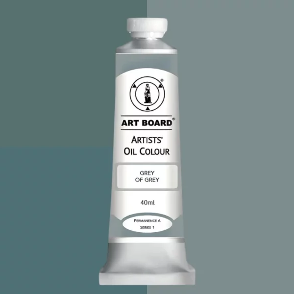 A tube of Grey of Grey Artboard Oil Paint 40ml is shown standing vertically in the center of the frame. The tube is silver and has a label around the body of the tube. Parts of the label are coloured, to denote the colour of the paint inside the tube. The artboard logo and name are printed at the top of the label and the colour and product details are printed below. The tube has a white plastic, screw on lid. Different shades of the paint colour are shown in the background in blocks, behind the tube.