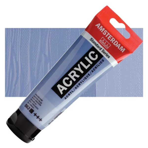 A single tube of Greyish Blue Amsterdam Acrylic Paint 120ml is shown diagonally across the center of the frame. The tube is made of a clear plastic and has a red band at the end of the tube with a hole so it can hang. The tube has a black, plastic flip top cap, that the bottle stands on. There is black text on the body of the tube describing the product colour and details. The colour of the paint can be seen through the tube. There is a rectangular colour swatch of the paint, behind the tube. The swatch shows the colour in different gradient's. The image is center of the frame and on a white background.